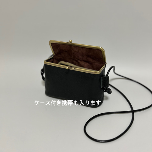 姫路レザーバニティがま口ポシェット◇黒 スマホショルダー サコッシュ