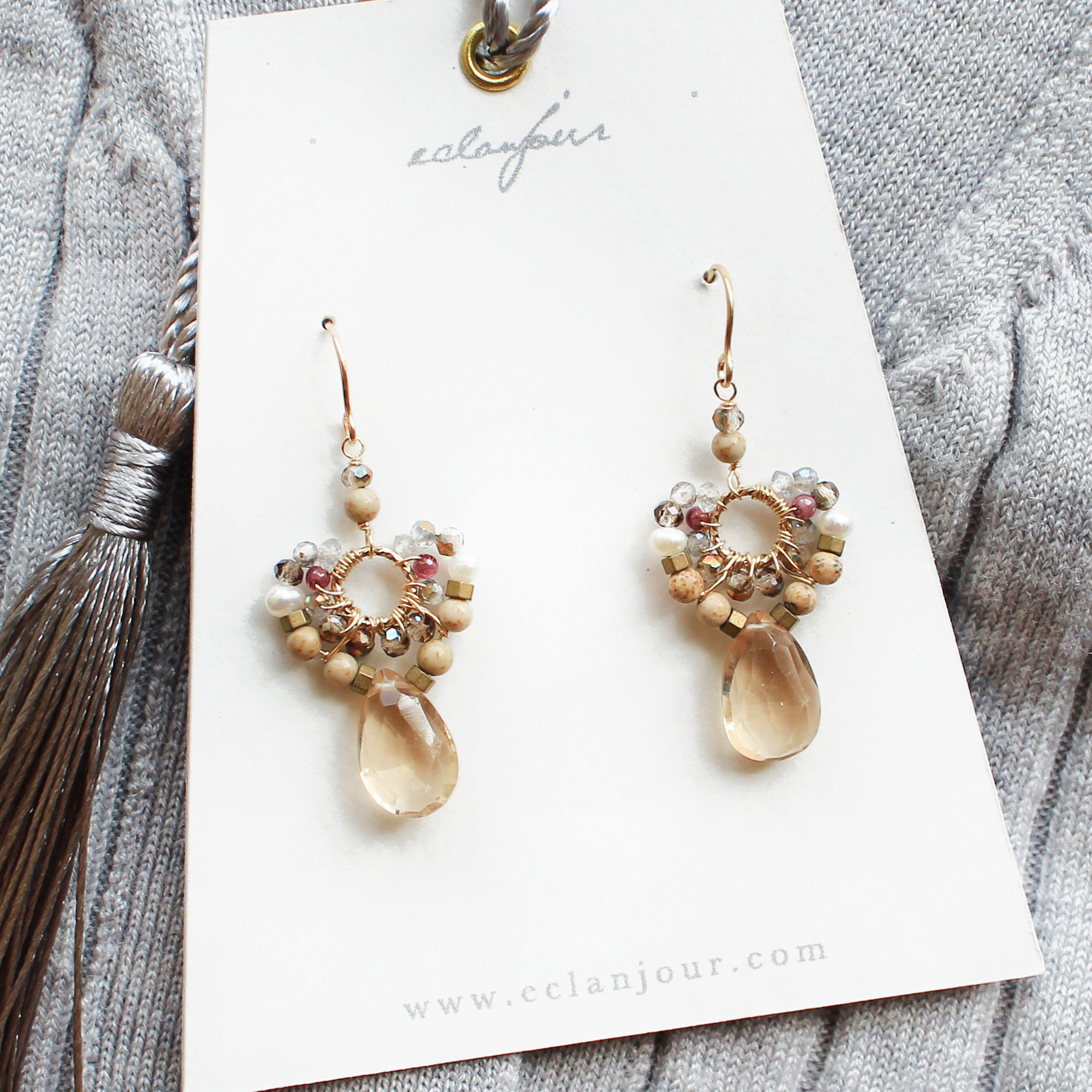 14kgf／シャンパンクォーツのフェミニンピアス＆イヤリング（S）【eclanjour】