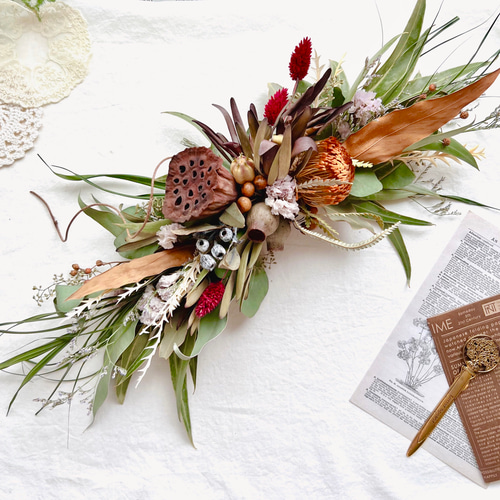 秋を感じる横長スワッグ 横長ガーランド 50cm ネイティブフラワー