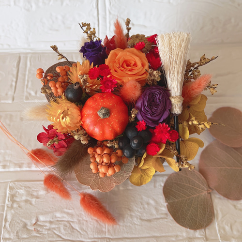 りさ　オルゴナイト　ハロウィンでか耳くま　オレンジプリザードフラワー薔薇 りさ オルゴナイト ハロウィンでか耳くま オレンジプリザード