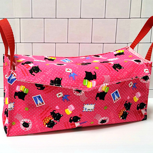 ハンドメイド 持ち手ふたつき布小物入れケース 猫柄 コスメ 化粧ポーチ  