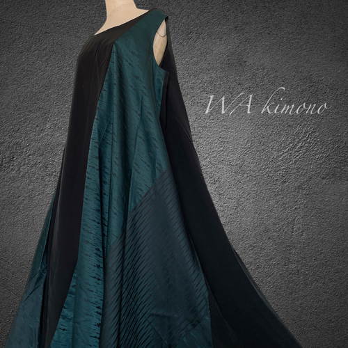 青黒MIX ななめ切り替えワンピース テントワンピース 着物リメイク 