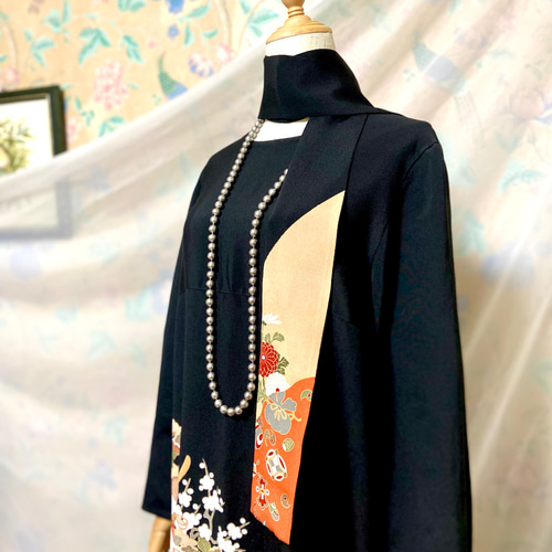 着物リメイク 黒留袖ドレス 薄絹几帳 友禅染 Aライン 着物リメイク 黒留袖ドレス 薄絹几帳 友禅染 Aライン