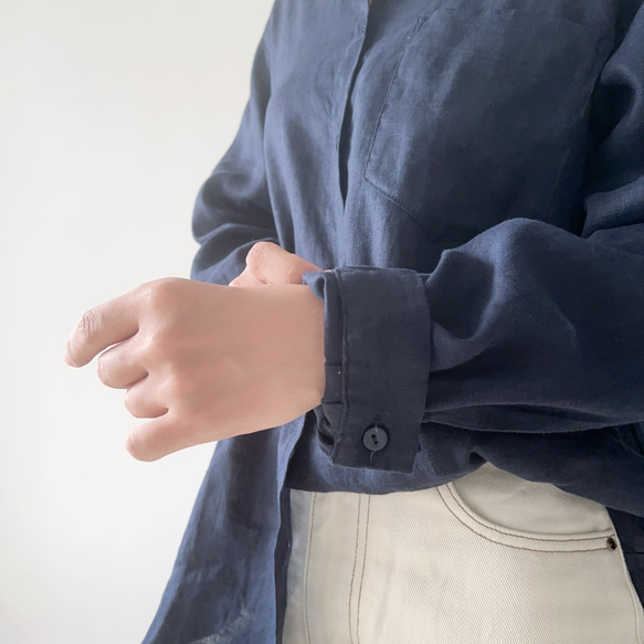 【秋冬の支度★6色入り】100％リネン生地＊折り襟長袖シャツ＊定番の貝殻ボタン＊T-104X 19枚目の画像