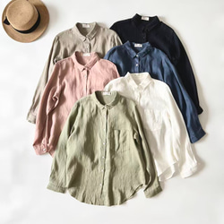 【秋冬の支度★6色入り】100％リネン生地＊折り襟長袖シャツ＊定番の貝殻ボタン＊T-104X 1枚目の画像