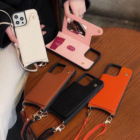 ショルダータイプレザーケース カード収納 ミラー付き iPhoneケース