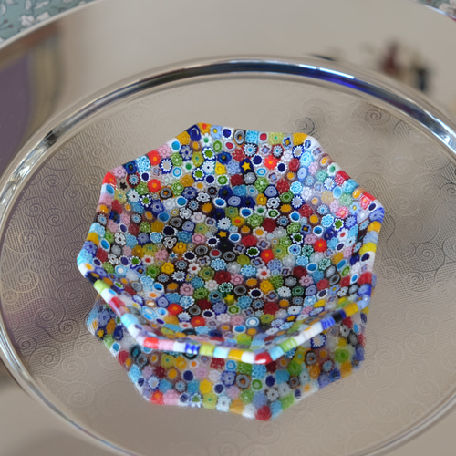 【美品未使用】ベネチアンガラス 小皿ミルフィオリ φ77 ピンク ハンドメイド ベネチアンガラス ヴェネチアンガラス ミルフィオリ お皿