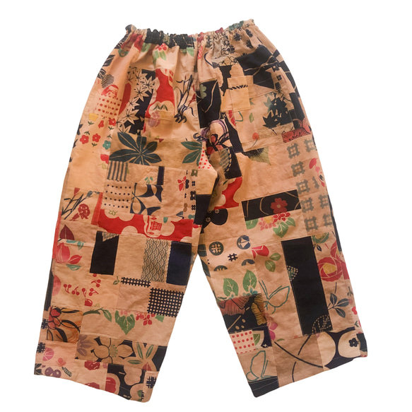 柿渋染め 浴衣地リメイク ワイドパンツ ゆったりズボン キュロット  