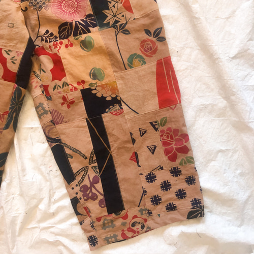 柿渋染め 浴衣地リメイク ワイドパンツ ゆったりズボン キュロット  