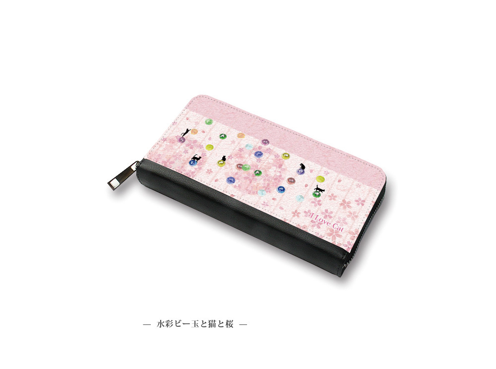 （送料無料）長財布【水彩ビー玉と猫と桜】（名入れ可）