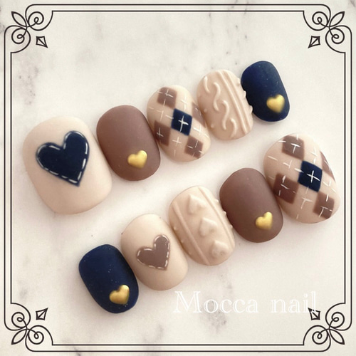 318】アーガイルニットネイル ハート ネイビー ネイルチップ  