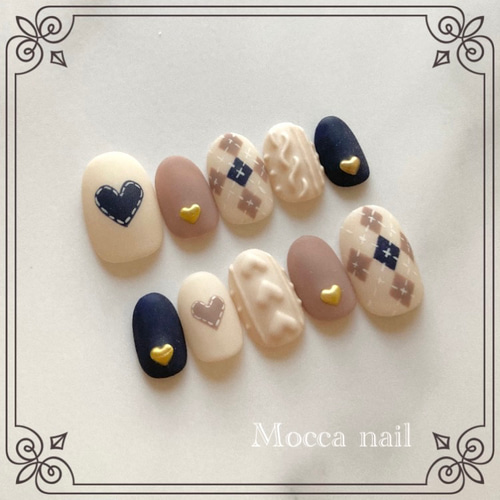 318】アーガイルニットネイル ハート ネイビー ネイルチップ