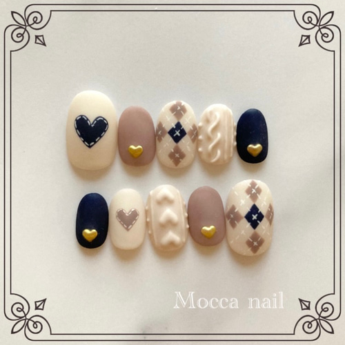 318】アーガイルニットネイル ハート ネイビー ネイルチップ