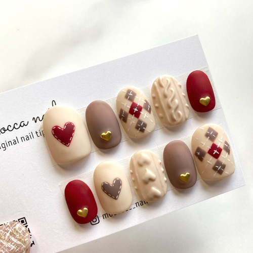 317】アーガイルニットネイル ハート ネイルチップ クリスマス/デート
