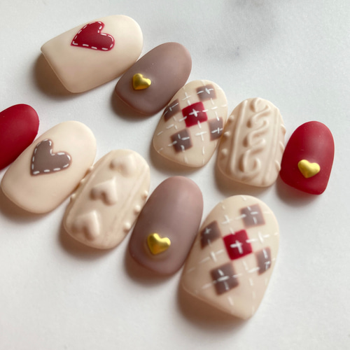 317】アーガイルニットネイル ハート ネイルチップ クリスマス/デート