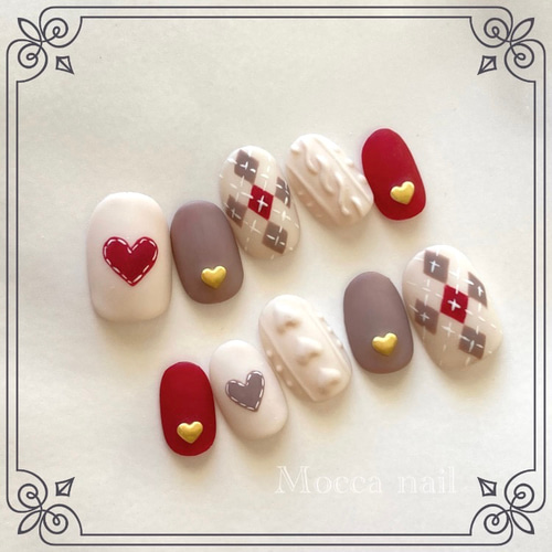 【No.031】ネイルチップ♡ニットネイル♡赤ネイル♡ツイード♡ボルドー No.031】ネイルチップ♡ニットネイル♡赤ネイル♡ツイード