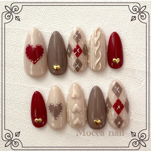 317】アーガイルニットネイル ハート ネイルチップ クリスマス/デート