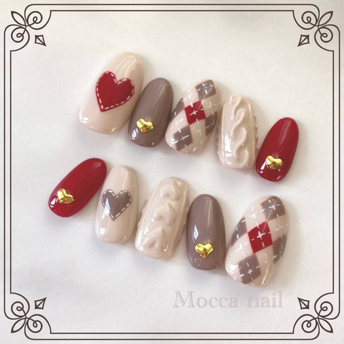 317】アーガイルニットネイル ハート ネイルチップ クリスマス/デート