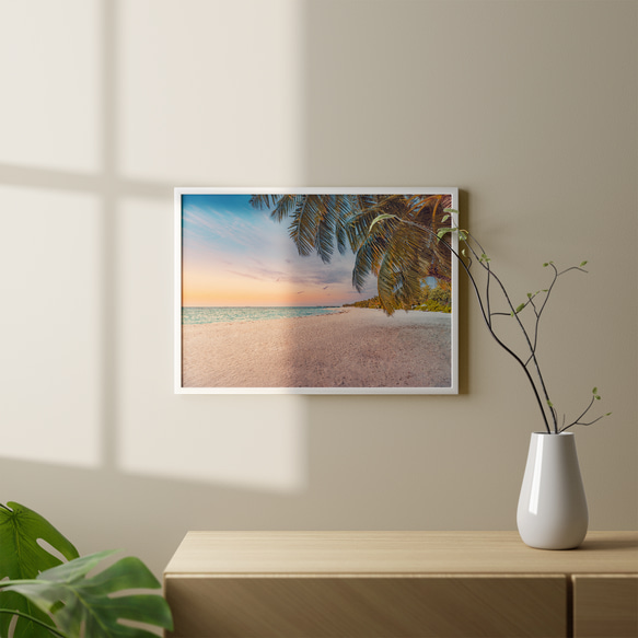 浪漫日落白沙灘和棕櫚樹景觀/室內海報外國藝術/5237 第2張的照片