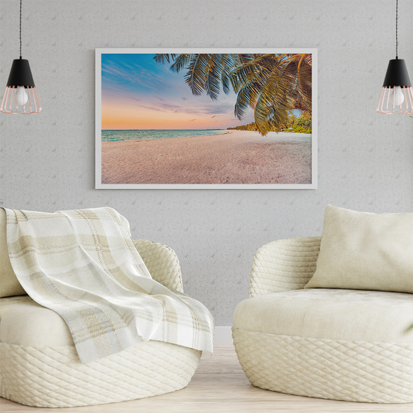 浪漫日落白沙灘和棕櫚樹景觀/室內海報外國藝術/5237 第3張的照片