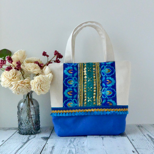 推しカラーBlueインド刺繍リボントートバッグ【Sサイズ】 トート
