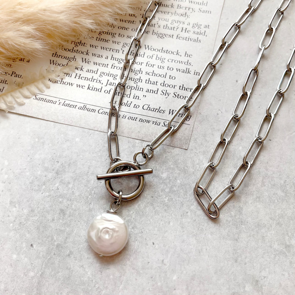 淡水パールのマンテルネックレス（シルバー）/秋 冬 コインネックレス