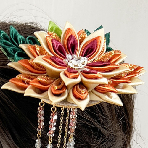 洋風つまみ細工かんざし【ゴールド色×オレンジ系】2本軸かんざし