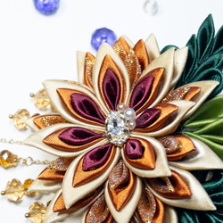 洋風つまみ細工かんざし【ゴールド色×オレンジ系】2本軸かんざし