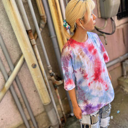 タイダイ染め　ビッグシルエット Tシャツ　Mサイズ　ブルー×レッドミックス　Hippies Dye HD20-23 3枚目の画像