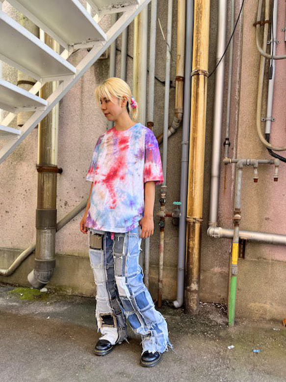 タイダイ染め　ビッグシルエット Tシャツ　Mサイズ　ブルー×レッドミックス　Hippies Dye HD20-23 4枚目の画像