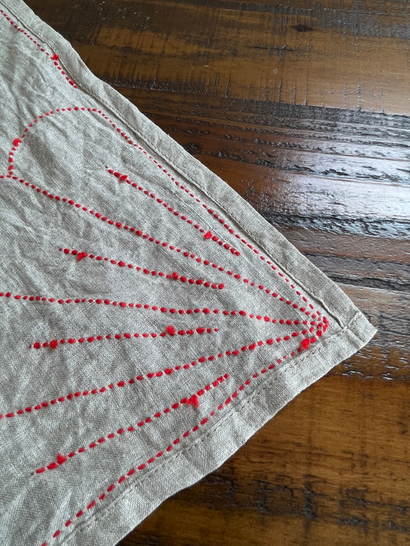 渋くてかわいい刺し子のベルギーリネン手ぬぐい　生成り　割菊（紺×赤） 8枚目の画像