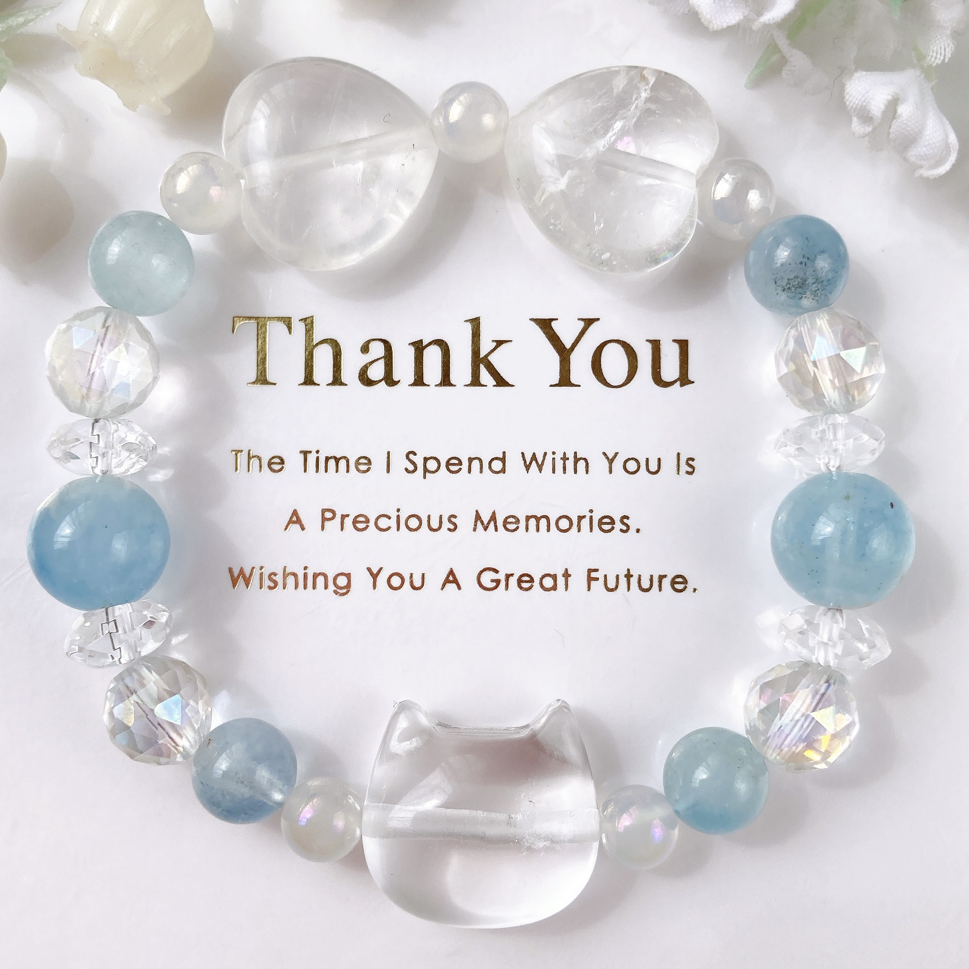 水晶猫ちゃんリボンアクアマリン天然石ブレスレット