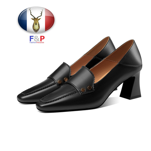 スクエアトゥ甲ストラップハラコレザーシューズパンプス異型ヒール5cm  