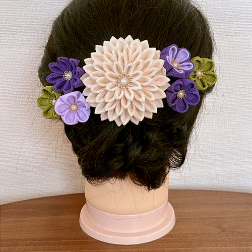 つまみ細工 髪飾り オフホワイト 紫 その他ヘアアクセサリー