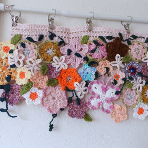 春夏花カフェカーテン【送料無料】手編みモチーフ カーテン sumire