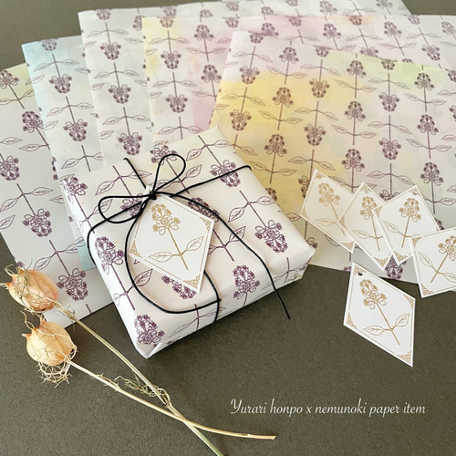 香り付き蝋引き紙と白檀の花タグセット 包装紙・ラッピングペーパー