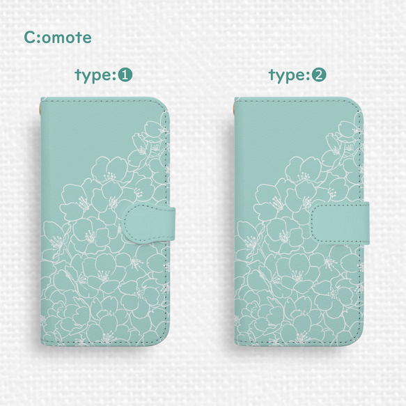 送料無料★さくら咲くAndroid手帳型スマホケース ミントグリーン 全機種対応 線画 春 桜 花 緑 爽やか mint 4枚目の画像