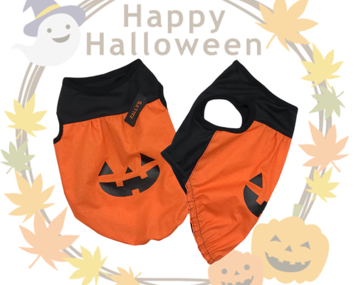 ハンドメイド　犬服　ハロウィン柄裾フリルタンク（サイズオーダー） 現品限り胴38 ハンドメイド ハロウィンくま柄タンクトップ