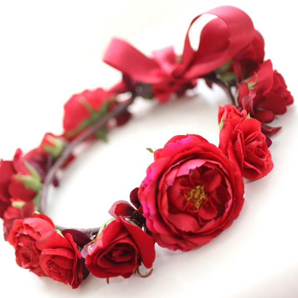 花冠　花かんむり　赤　赤色　還暦　還暦祝い　ヘッドドレス　ヘアアクセサリ　結婚式　ウェディング　発表会　パーティー 2枚目の画像