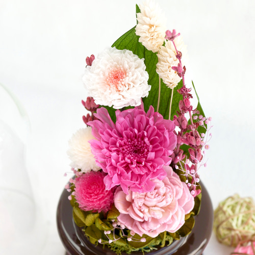仏花」ことね菊ローズピンクのプリザーブドフラワーのガラス