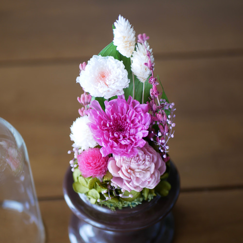 仏花」ことね菊ローズピンクのプリザーブドフラワーのガラス