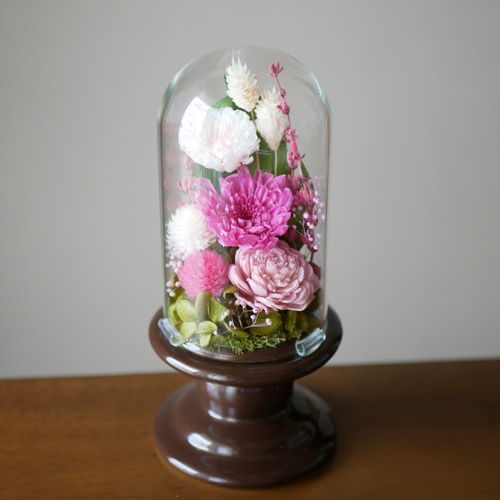 仏花」ことね菊ローズピンクのプリザーブドフラワーのガラス