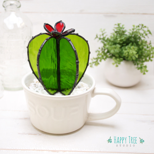 サボテン① ステンドグラスの多肉ポットお正月飾り