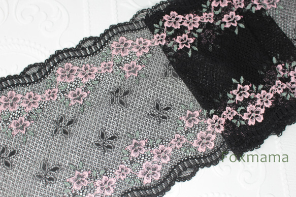 【セール品】ストレッチレース 3m 花 黒×ピンクお花 (LFLA60BKHHSC) 5枚目の画像