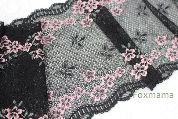 【セール品】ストレッチレース 3m 花 黒×ピンクお花 (LFLA60BKHHSC) 1枚目の画像