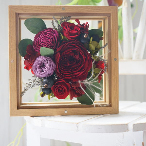 還暦祝い ガラスフレーム ～ワインレッドローズ～ プリザーブド