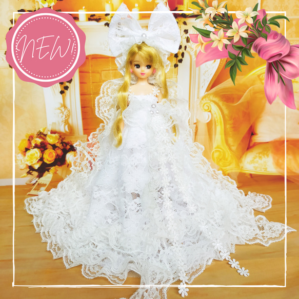 リカちゃんハンドメイド服★レースたっぷり段々ドレス リカちゃんサイズ 白いレースのドレス プリンセスドレス