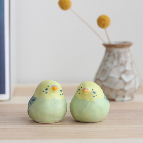 陶土のセキセイインコ /グリーン（オス・メス） 小鳥の置物 その他