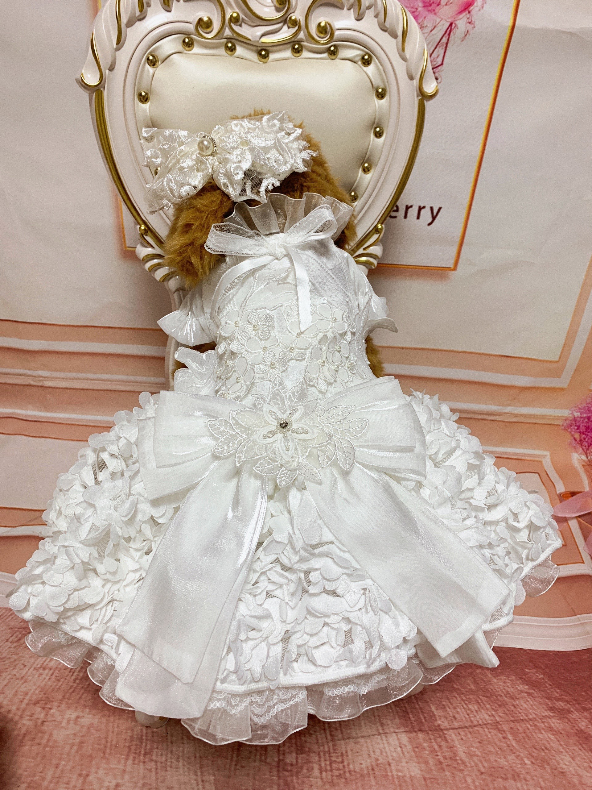 ヴィンテージドレス、ネコちゃんベスト２点おまとめです 犬猫うさちゃん服 ウェディングにもおすすめ！ピュアホワイトの