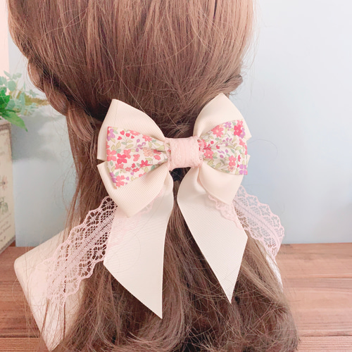 ファブリックリボン ピンク 花柄×レースポニーフック バレッタ ゴム